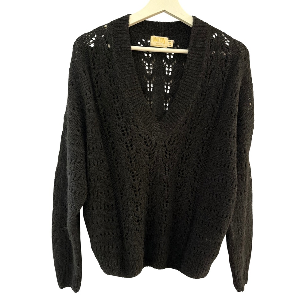 Nation LTD Black Baby Alpaca Wool Pointelle V-Neck Sweater Womens Medium Peru